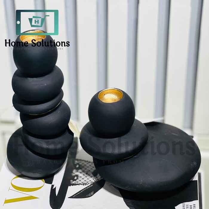 Stacked Stone Candle Holders 3pcs - Black & Gold Decor