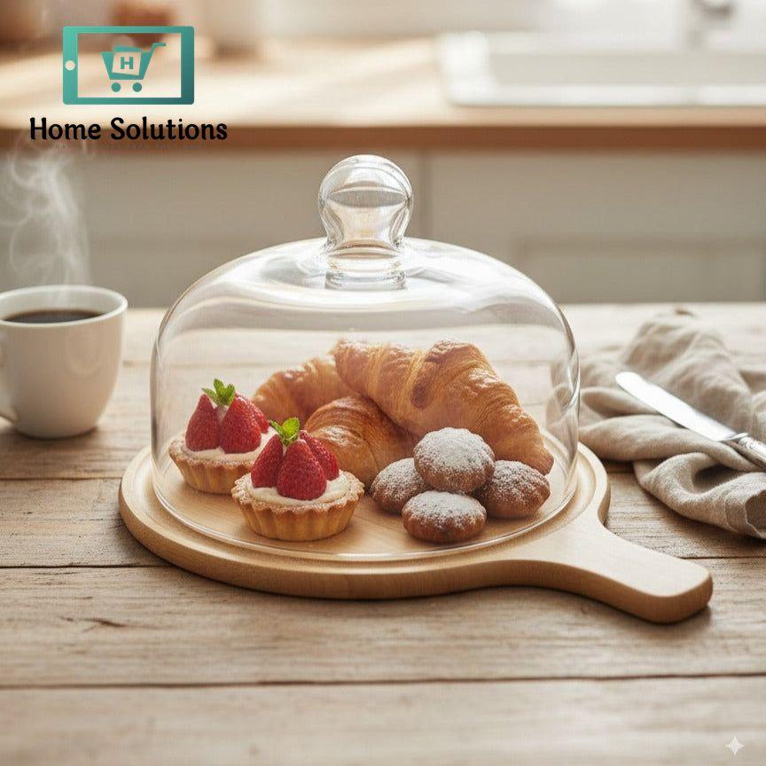 Glass Cake Dome/Serving Platter with Wooden Serving Board - 2 lbs