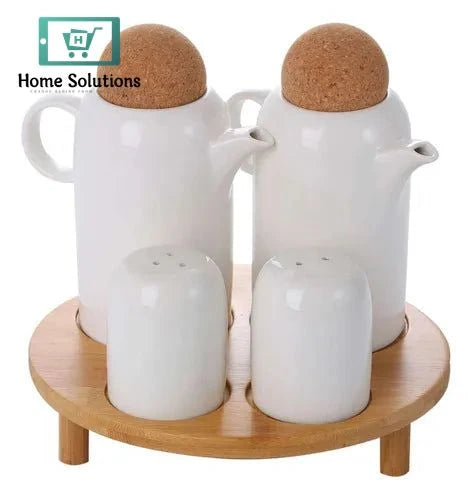 4-Piece Condiment Set with Wooden Stand – Stylish Spice Holder
