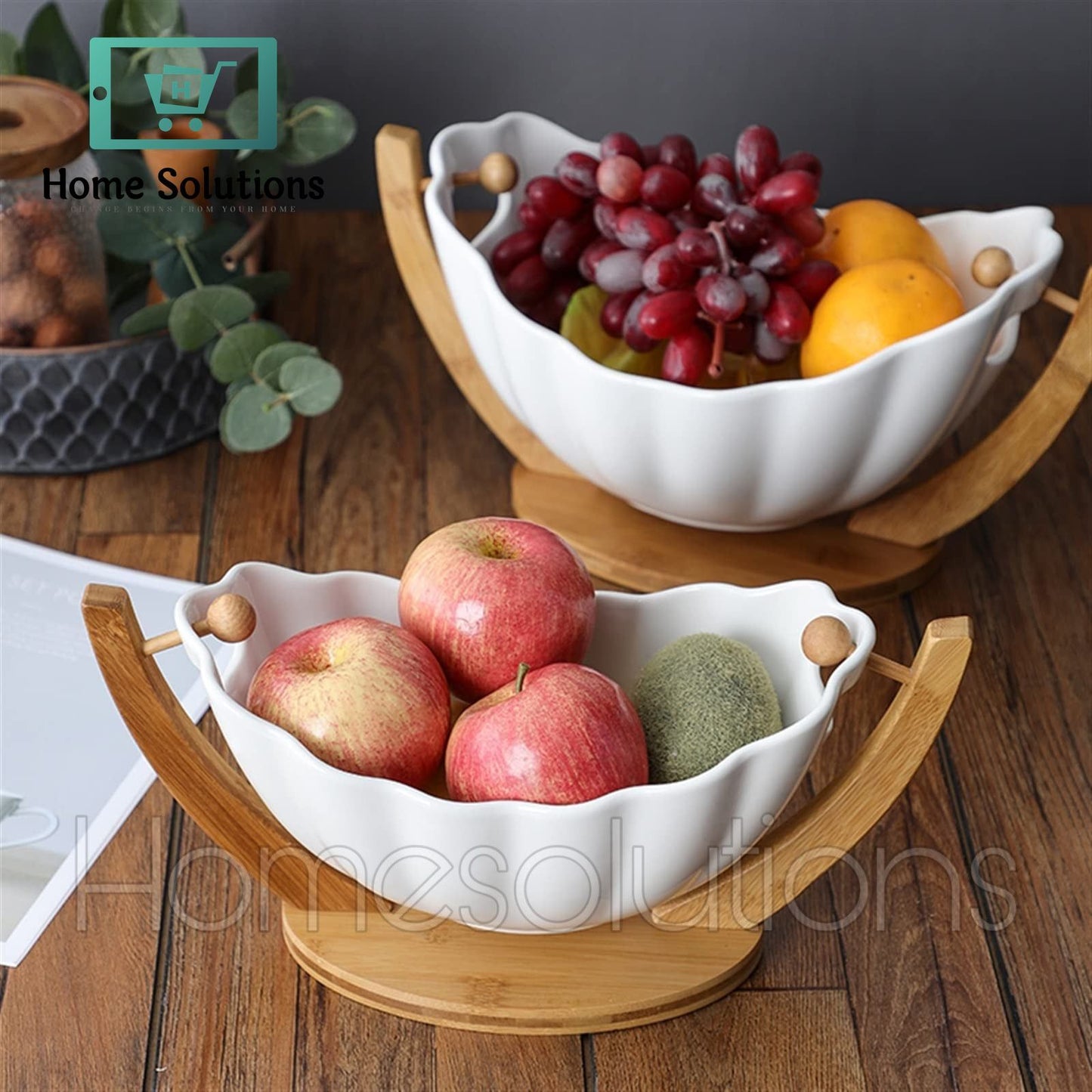Ceramic Hanging Fruit Bowl With Bamboo Stand