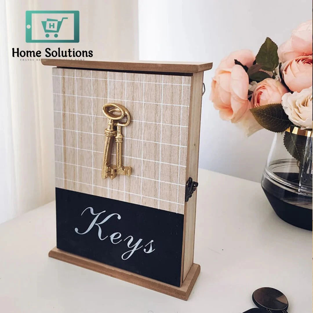 Wall-Mounted Wooden Key Organizer with Hooks