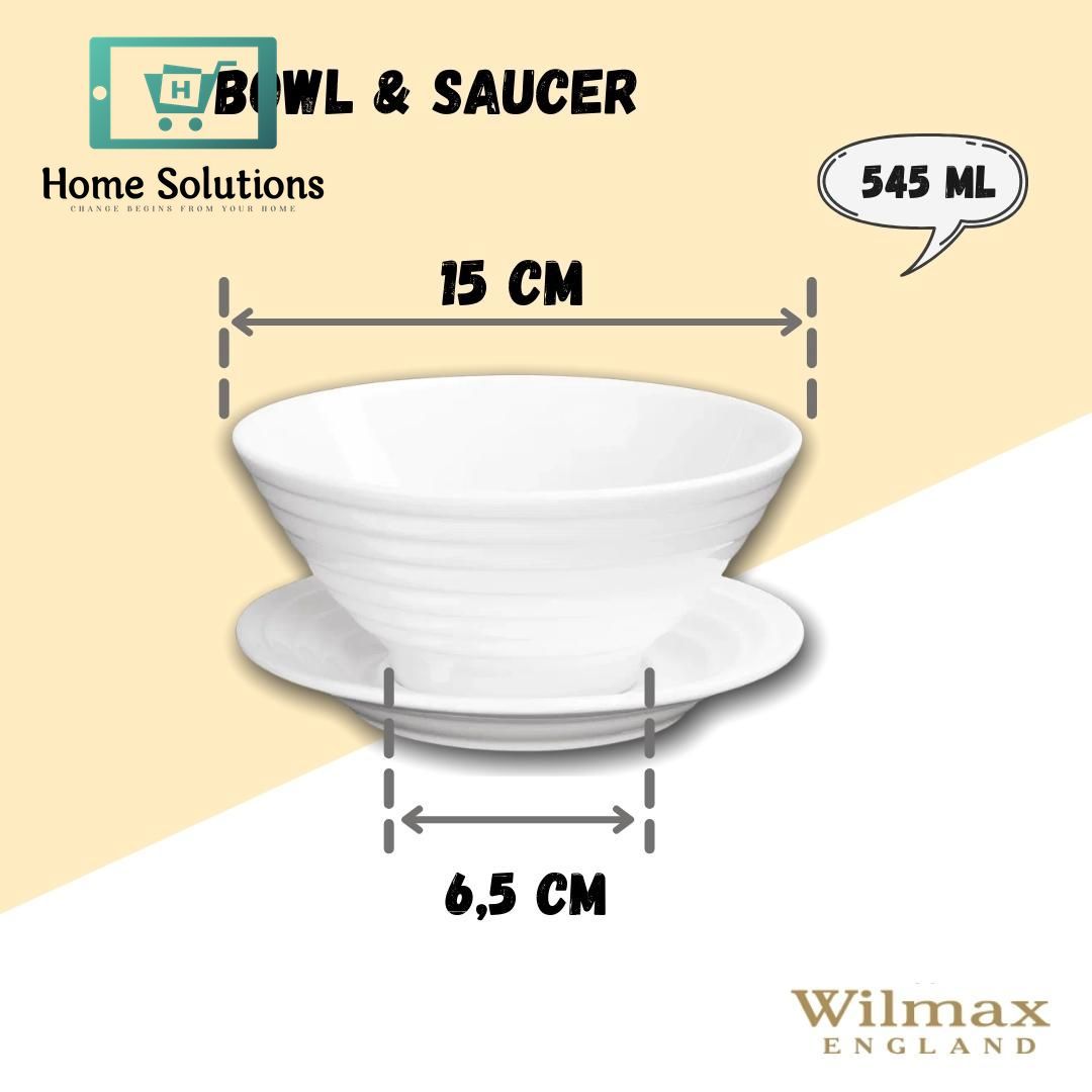 Wilmax England Fine Porcelain Bowl with Matching Saucer – 545 ml Capacity