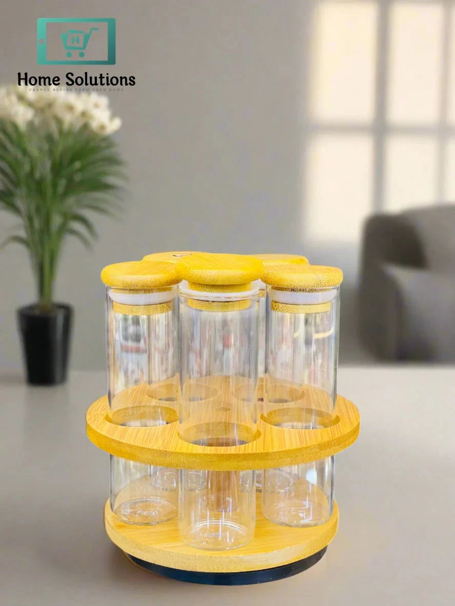 5-Piece Cylinder Glass Condiment Jar Set with Airlock Lids & Wooden Organizer Stand