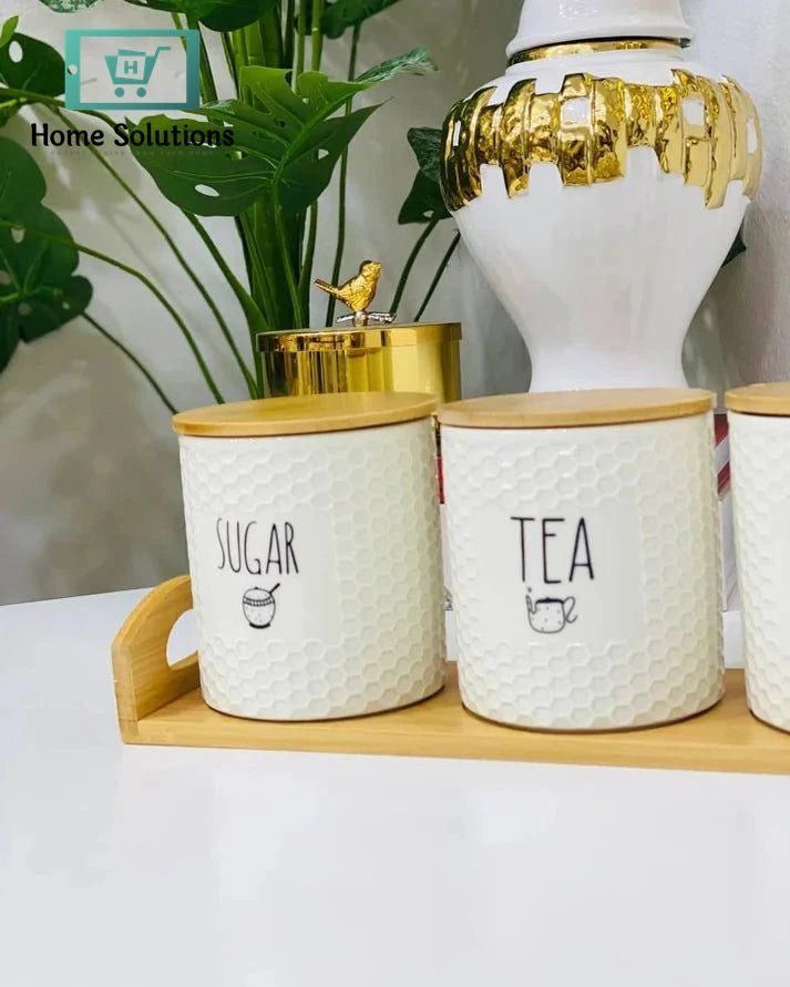 3-Piece Self Texture Airlock Tea Coffee & Sugar Jars With Wood Stand