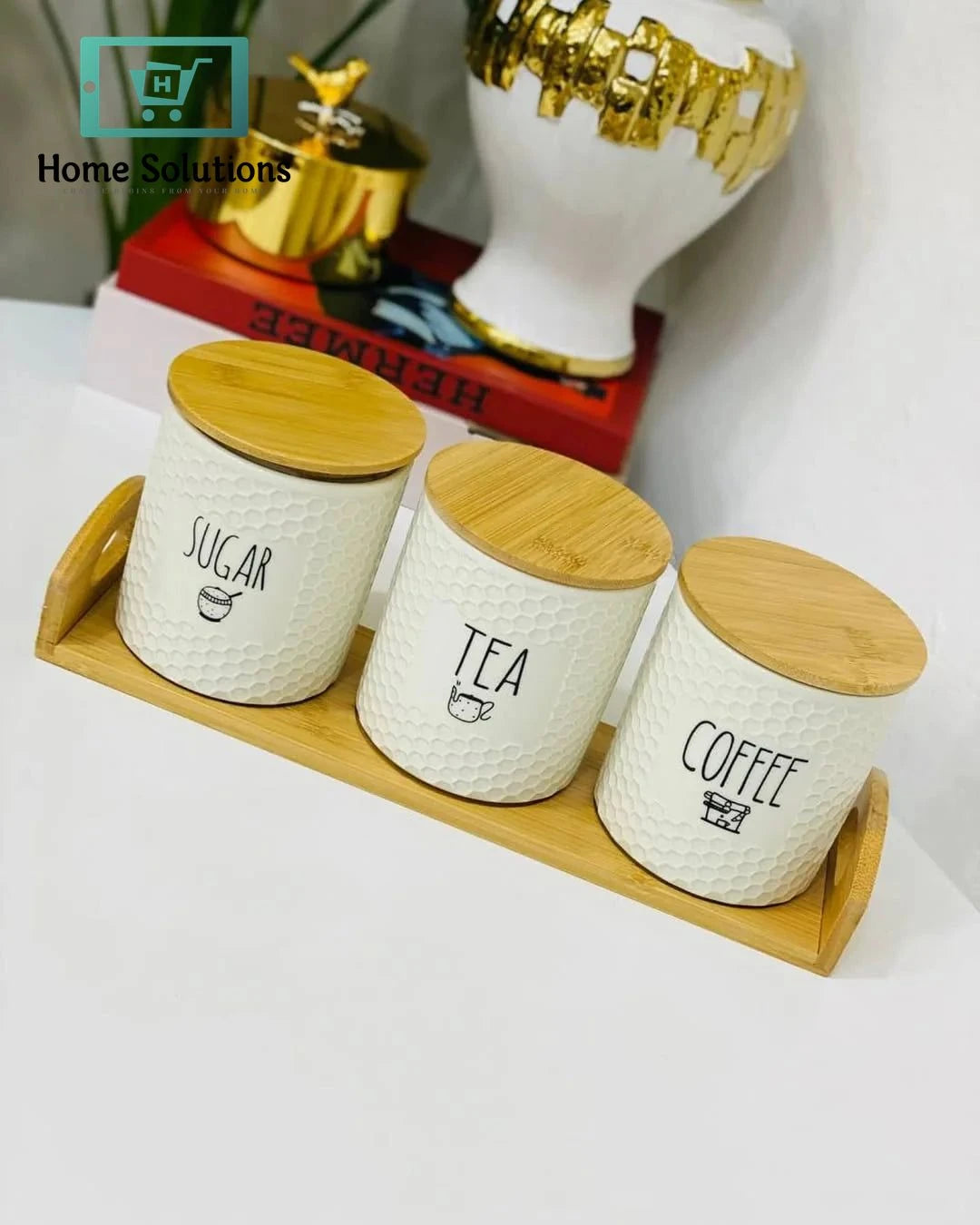 3-Piece Self Texture Airlock Tea Coffee & Sugar Jars With Wood Stand