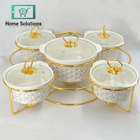 5-Piece Round Ceramic Chafing Dish Set – Marble Finish Warmers