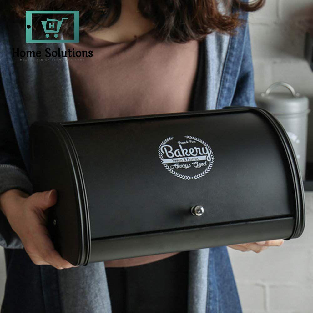 Vintage Metal Roll-Top Bread Box – Large Dust-Proof Storage Bin for Kitchen & Countertops (Black)