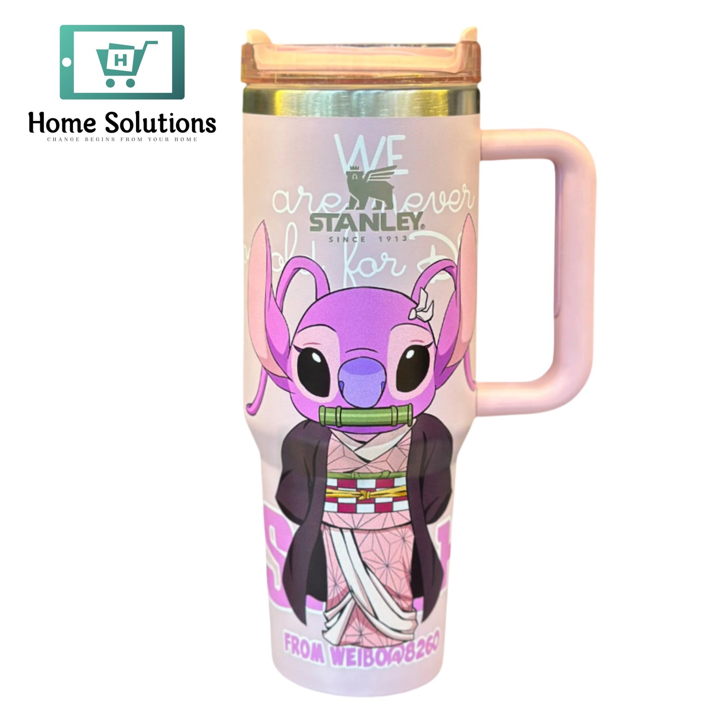 Travel mug with stitch character design on a white background, featuring the brand 'Stanley'.