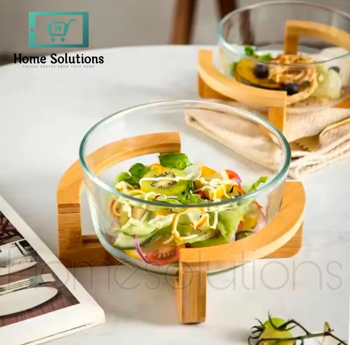 Borosilicate Glass Salad Bowl with Bamboo Stand