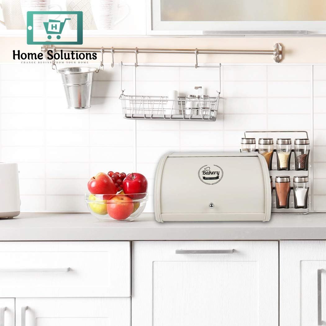 Vintage Metal Roll-Top Bread Box – Large Dust-Proof Storage Bin for Kitchen & Countertops (White)