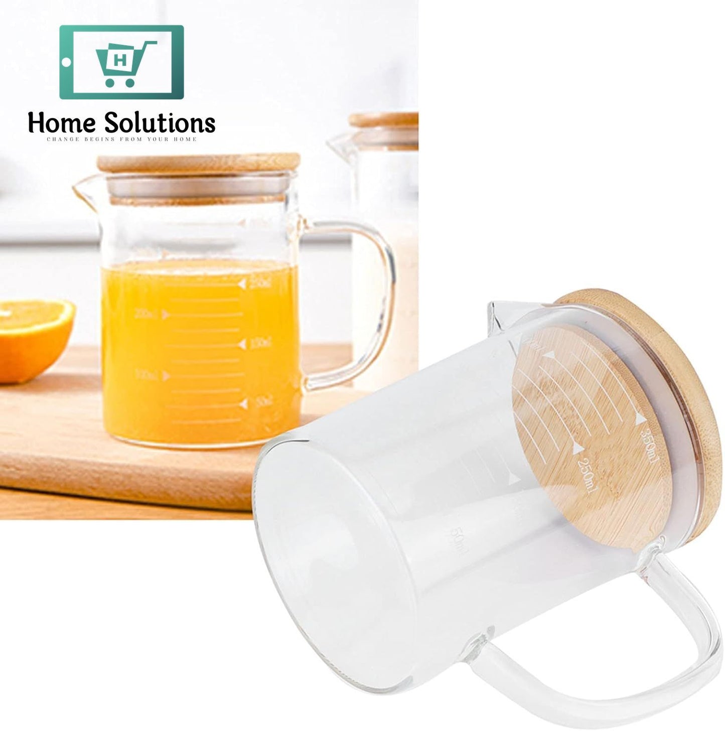 Borosilicate Glass Measuring Jug with Wooden Lid & Handle | 350ml - 500ml