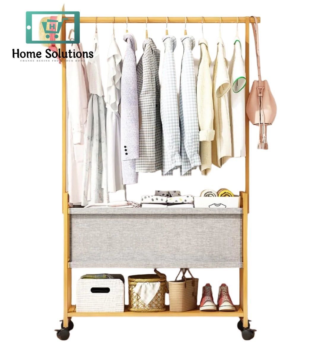 Wooden Coat Rack Stand With Fabric Basket