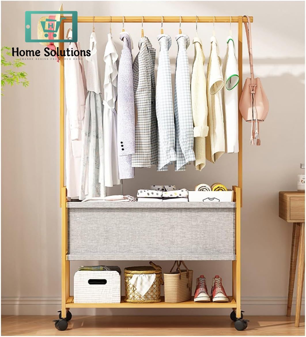 Wooden Coat Rack Stand With Fabric Basket