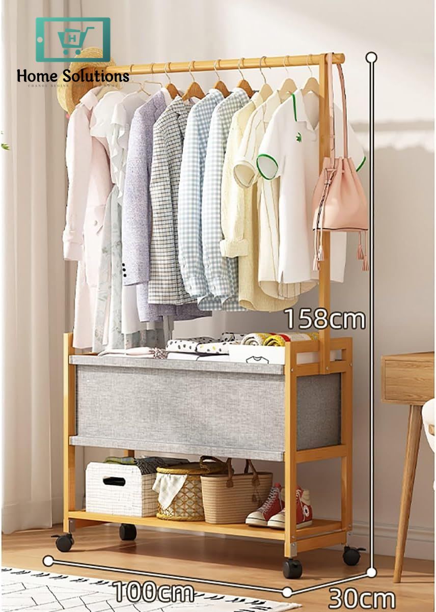 Wooden Coat Rack Stand With Fabric Basket