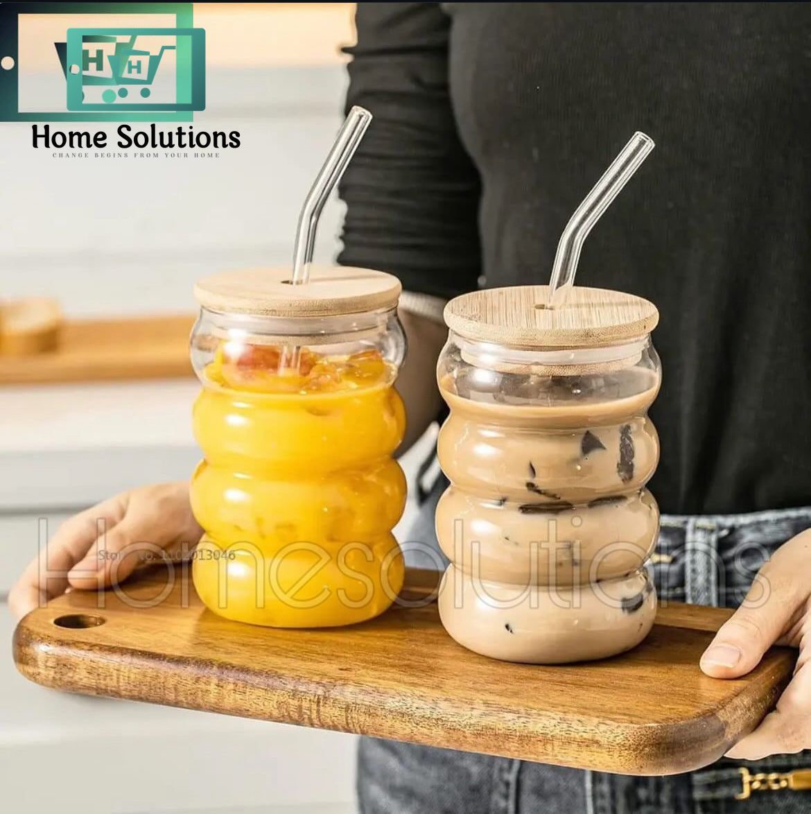 KEMORELA Wave Shape Glass with Organic Bamboo Top and Amber Glass Straw - 500ml