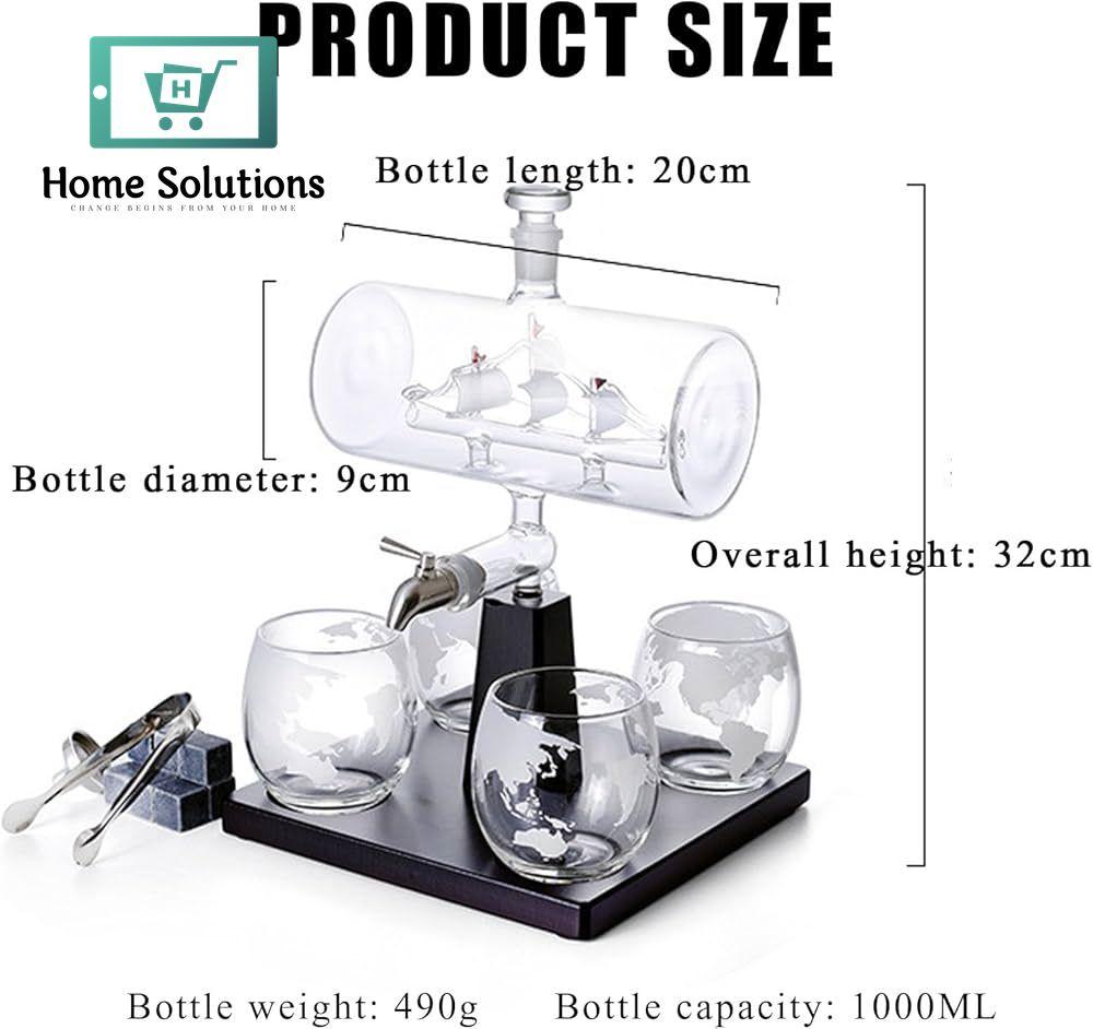 Sailing Ship Design 1000ml Whiskey Decanter Set With 4 Glasses And Beautiful Wooden Stand
