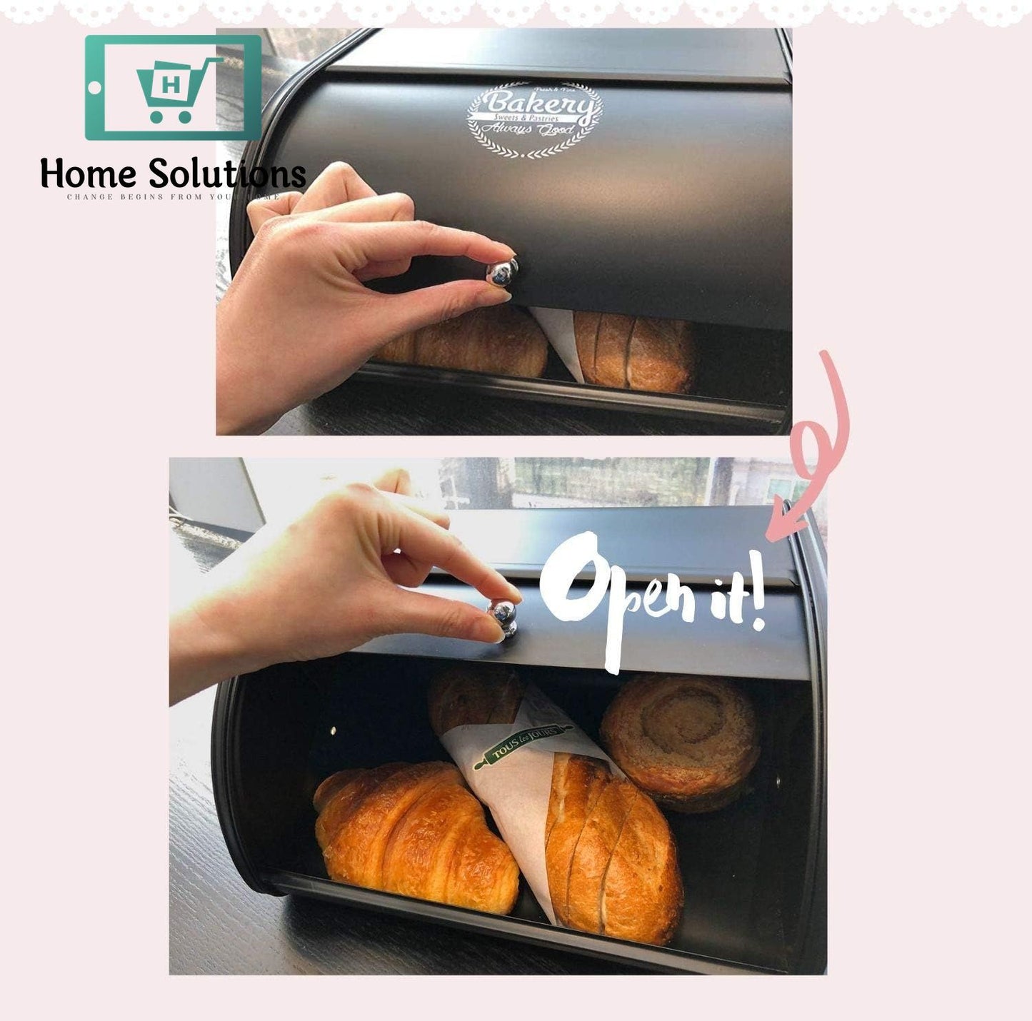 Vintage Metal Roll-Top Bread Box – Large Dust-Proof Storage Bin for Kitchen & Countertops (Black)