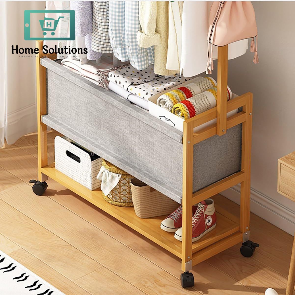 Wooden Coat Rack Stand With Fabric Basket