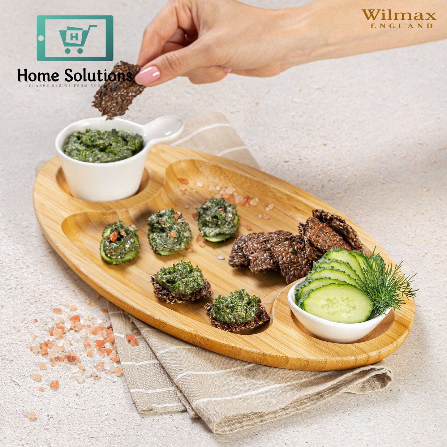 Wilmax England Natural Bamboo 3‑Section Platter – 14 × 8 Inch Eco-Friendly Serving Board
