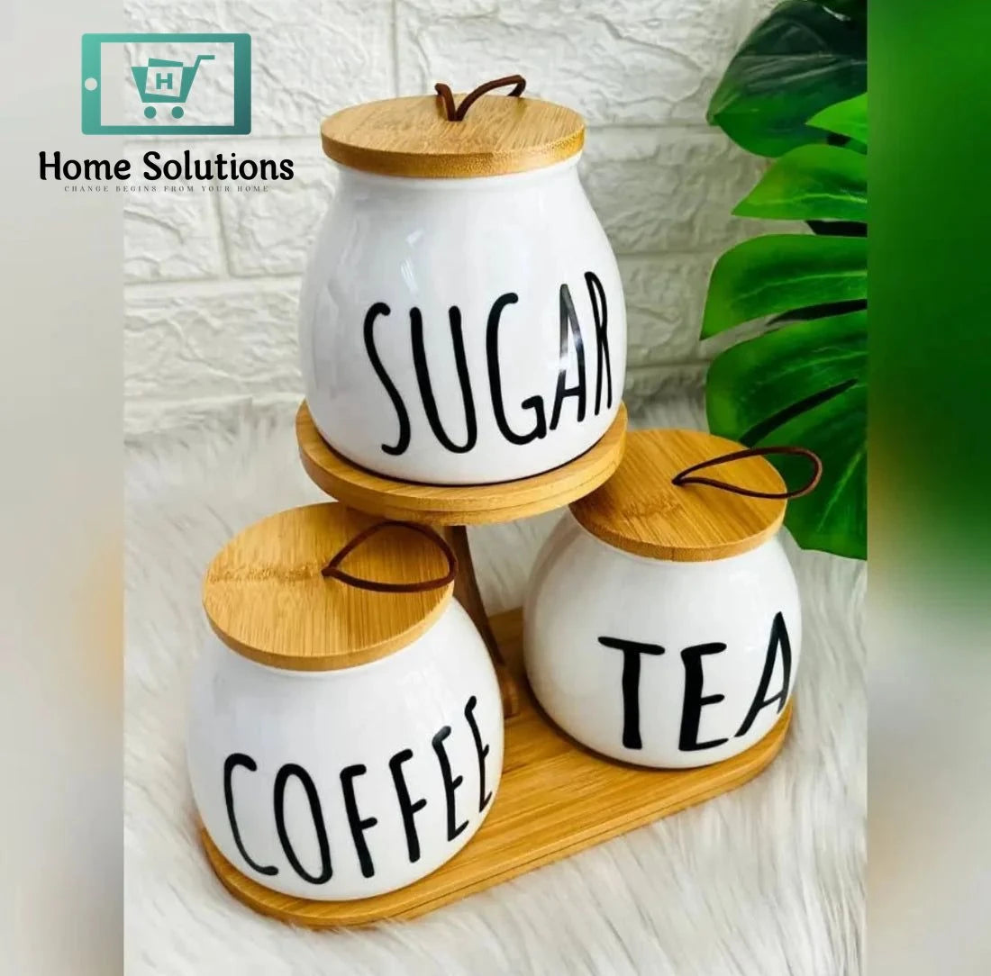 3pcs Round Airlock Tea Coffee & Sugar Jars With Wood Stand