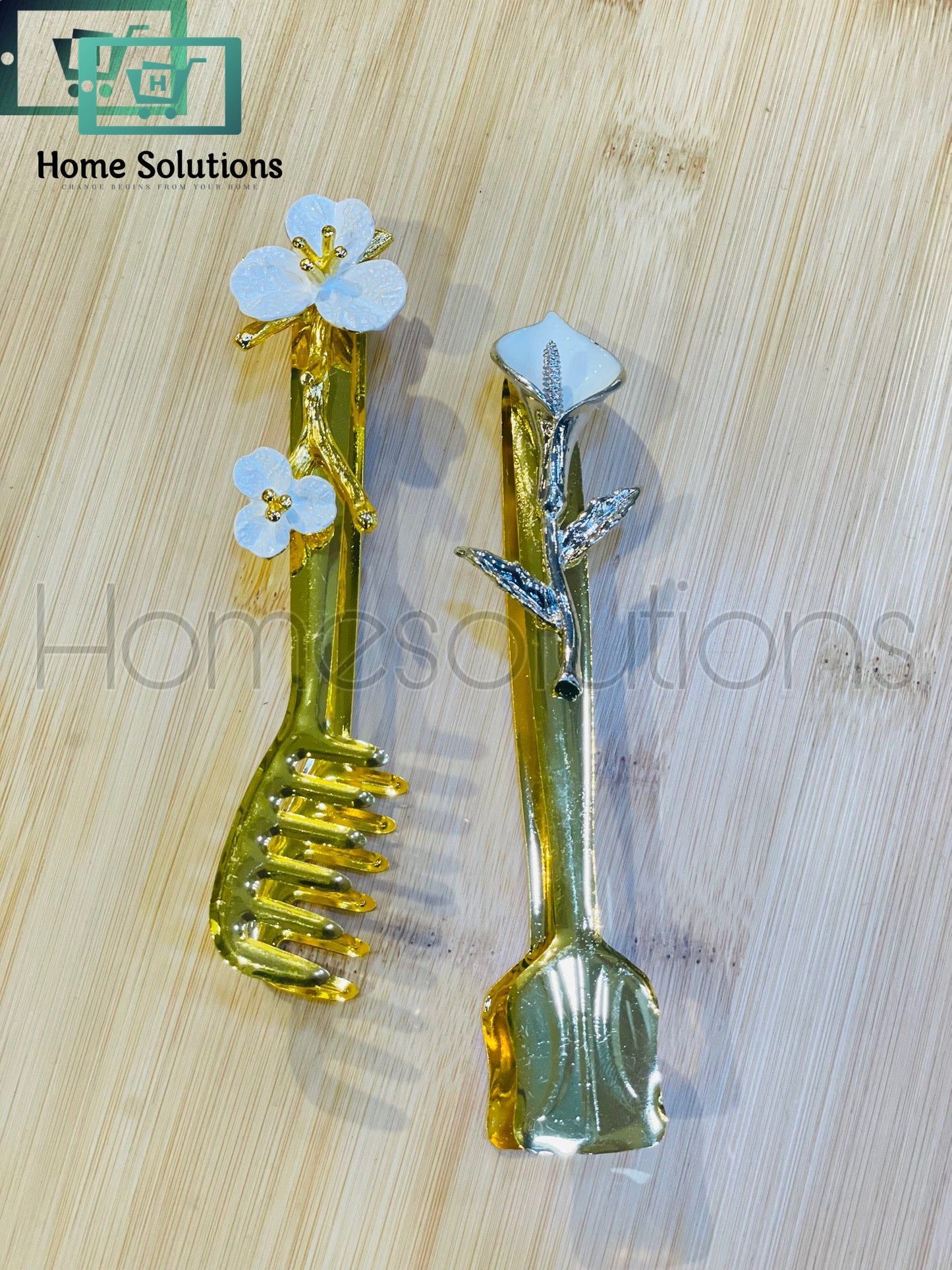 Golden Tong with Silver Floral Motifs Set of 2 Pieces