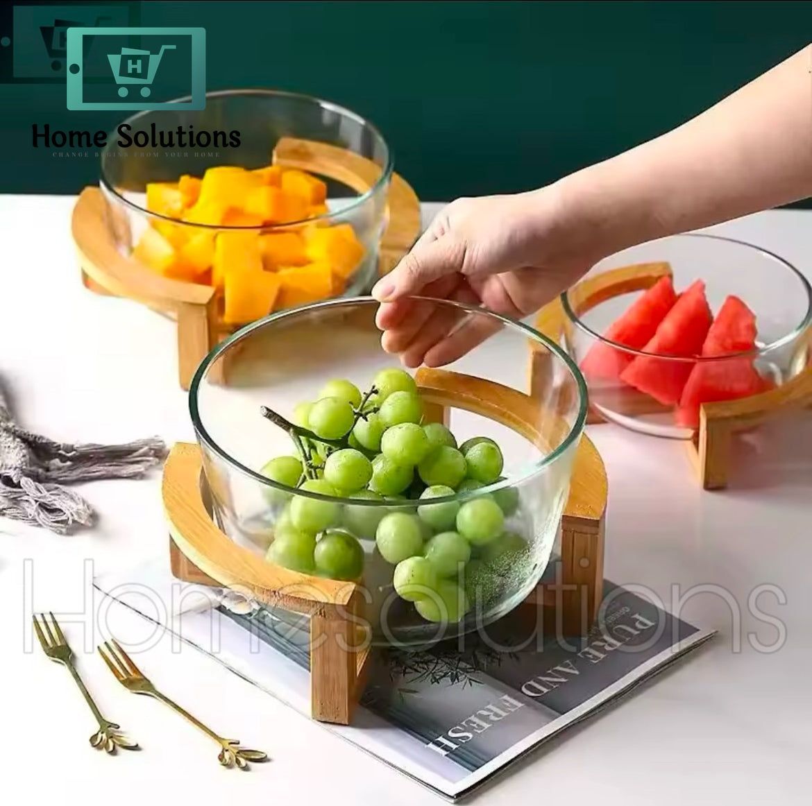 Borosilicate Glass Salad Bowl with Bamboo Stand
