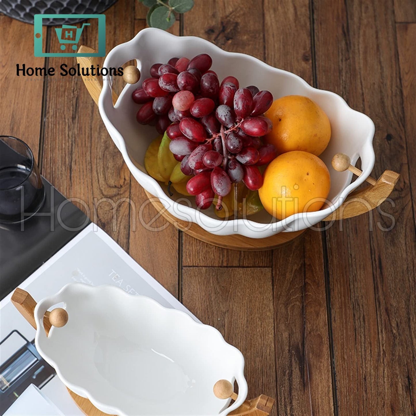 Ceramic Hanging Fruit Bowl With Bamboo Stand