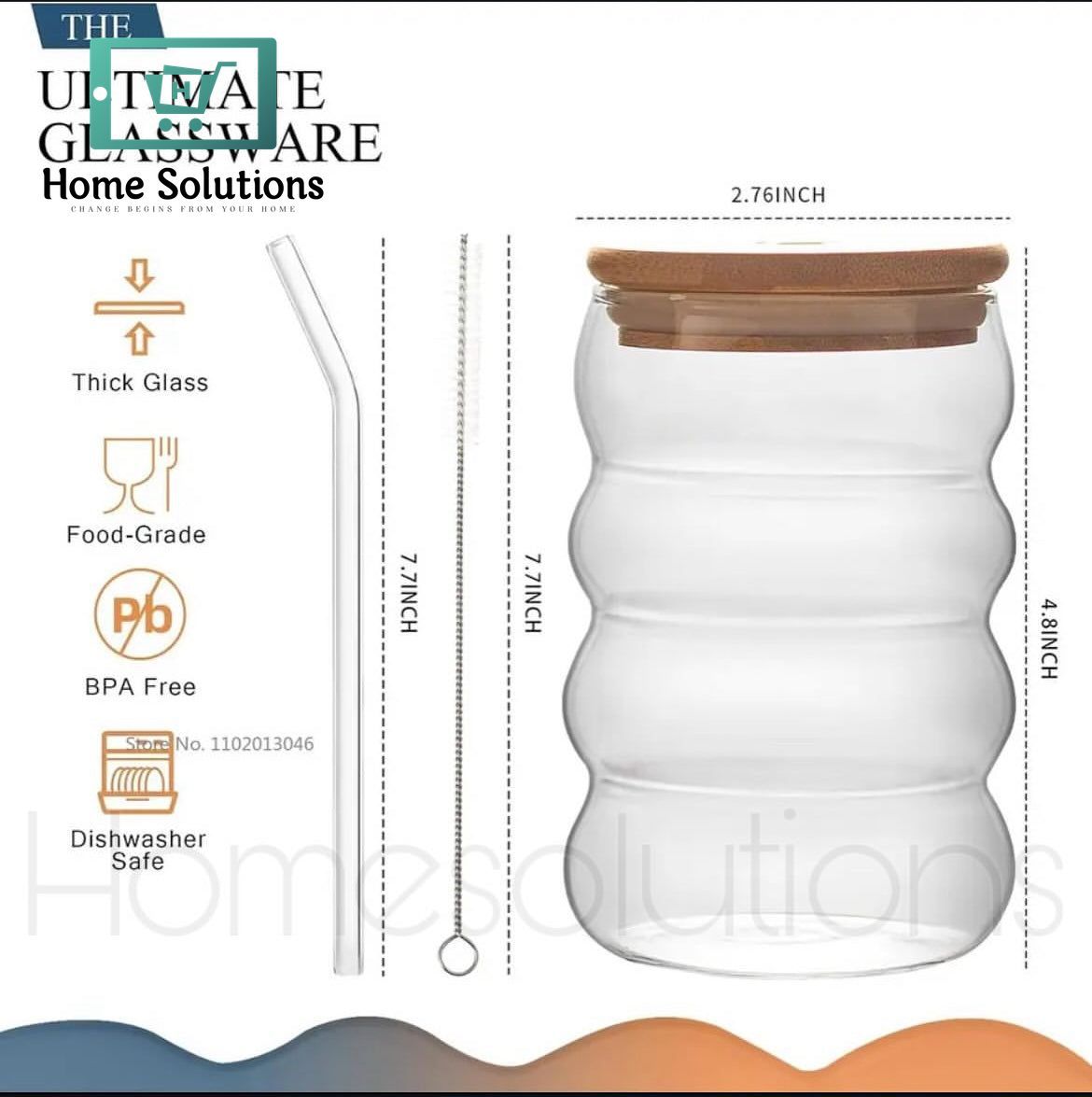 KEMORELA Wave Shape Glass with Organic Bamboo Top and Amber Glass Straw - 500ml