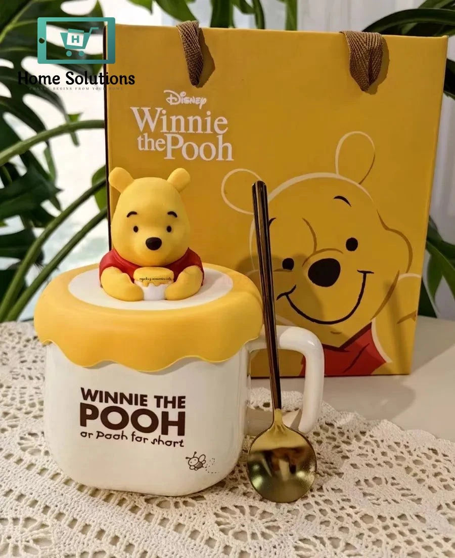 DISNEY Winnie The Pooh Porcelain Mug With Cute Silicon Lid & Spoon - 3 Pieces Set - 320ml