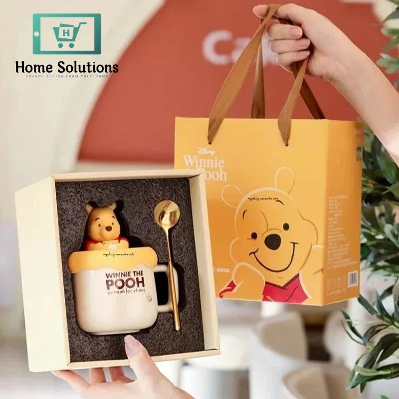 DISNEY Winnie The Pooh Porcelain Mug With Cute Silicon Lid & Spoon - 3 Pieces Set - 320ml