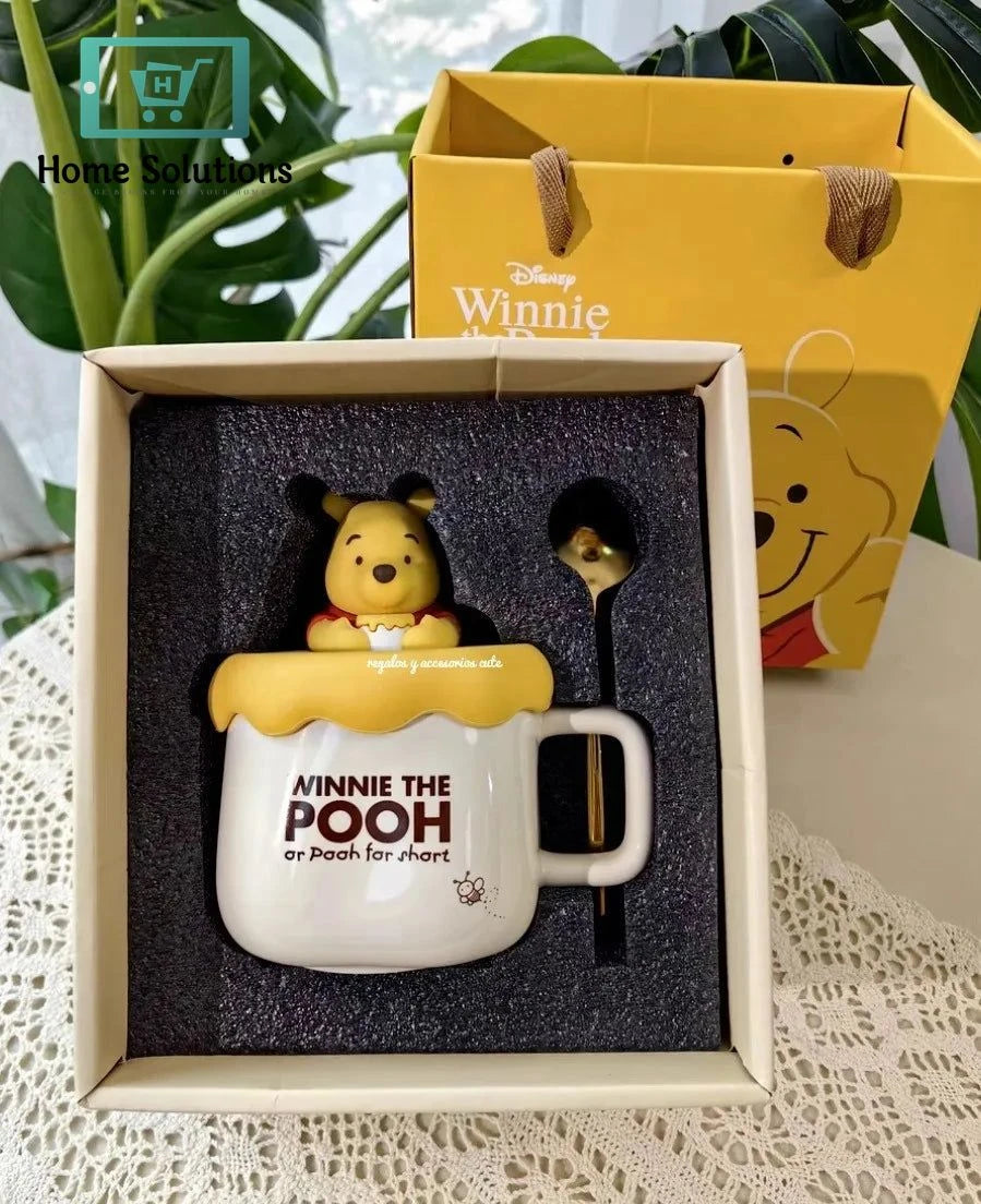 DISNEY Winnie The Pooh Porcelain Mug With Cute Silicon Lid & Spoon - 3 Pieces Set - 320ml