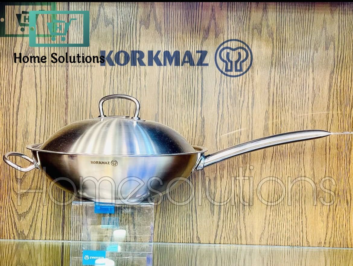 Korkmaz Proline Stainless Steel Chef Wok with Heavy Induction Bottom - 32cm