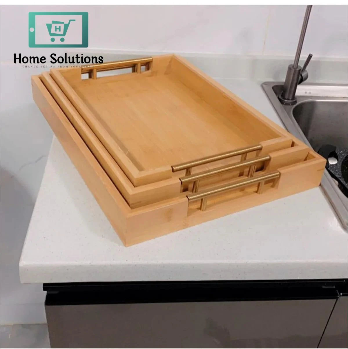 Elegant Bamboo Wood Serving Tray with Luxe Golden Handles