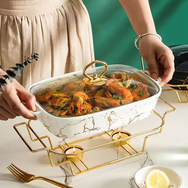 Ceramic Chafing Dish Buffet Set – White Rectangular Warmer with Marble Finish