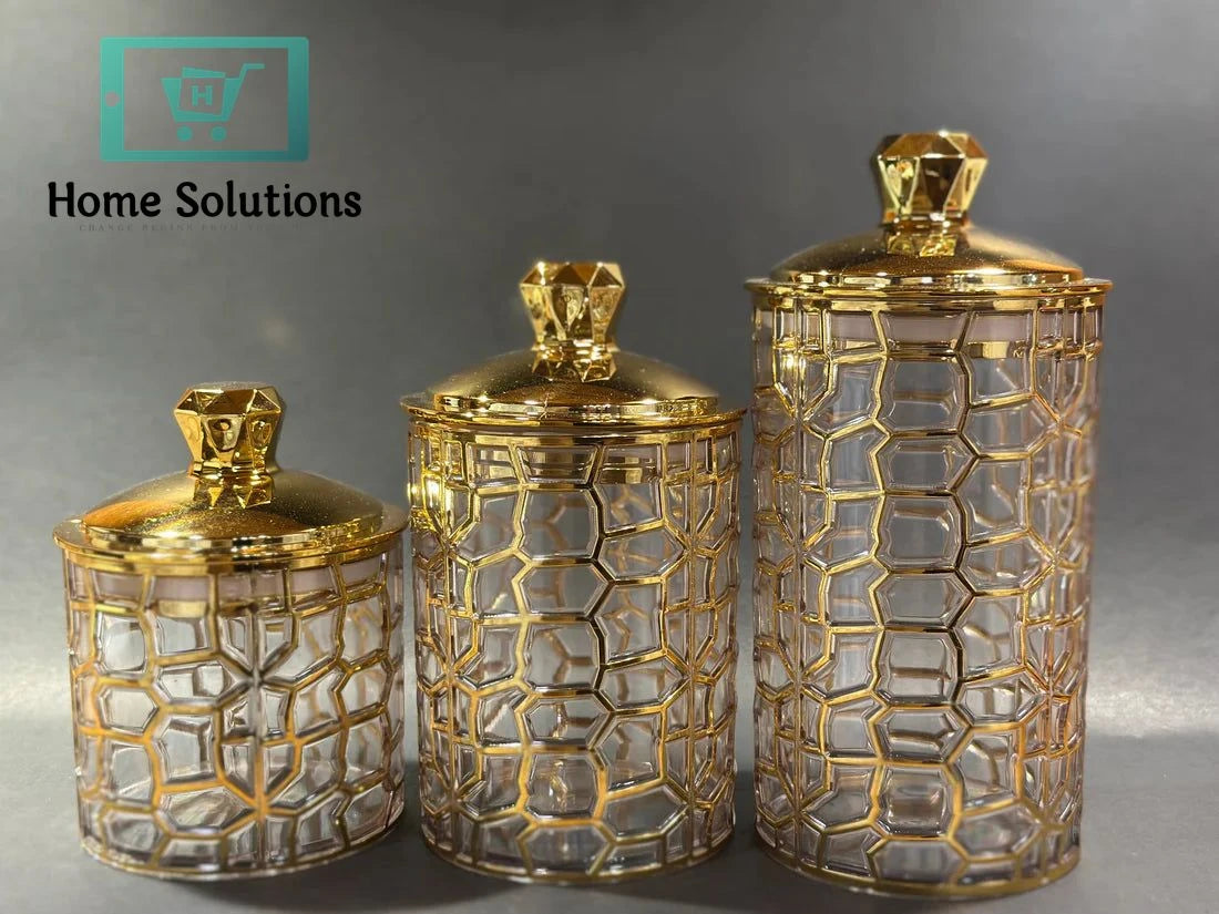 Golden Lid Airtight Food Storage Jars – Set of 3