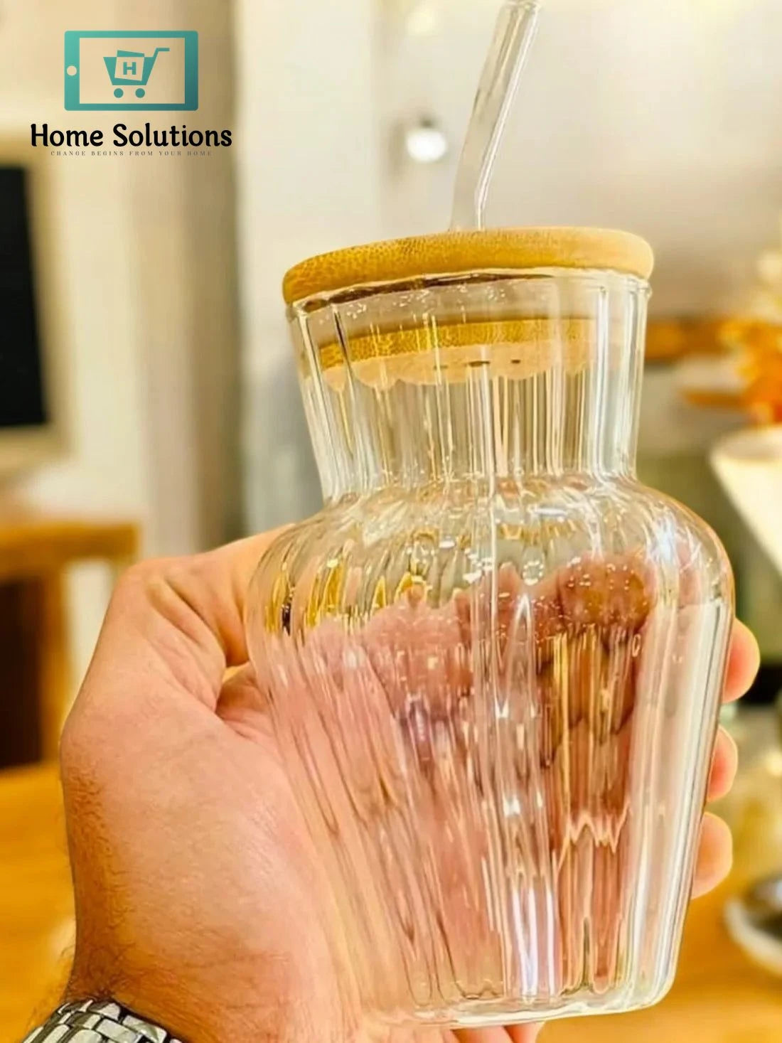 Textured Glass Tumbler | with Bamboo Lid & Glass Straw – 450ml