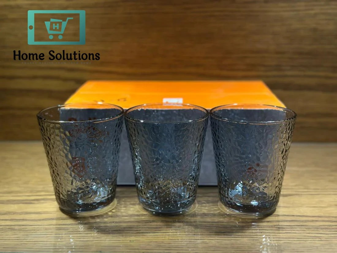 Luxury Pebble-Textured Glass Set – Smoke & Golden – 6 Pcs
