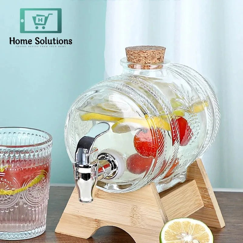 Barrel-Shaped Glass Water Dispenser with Elegant Bamboo Stand – Luxury Serveware