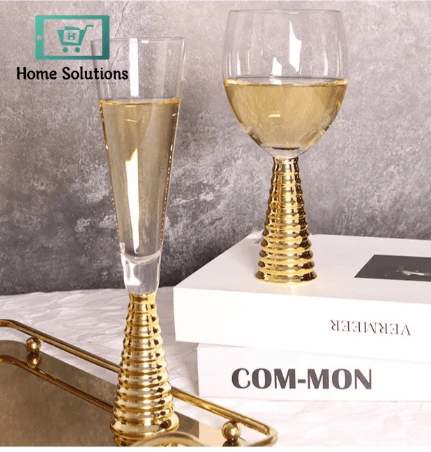 Elegant Spiral Champagne Flutes – Gold Base, 190ml (Set of 6)