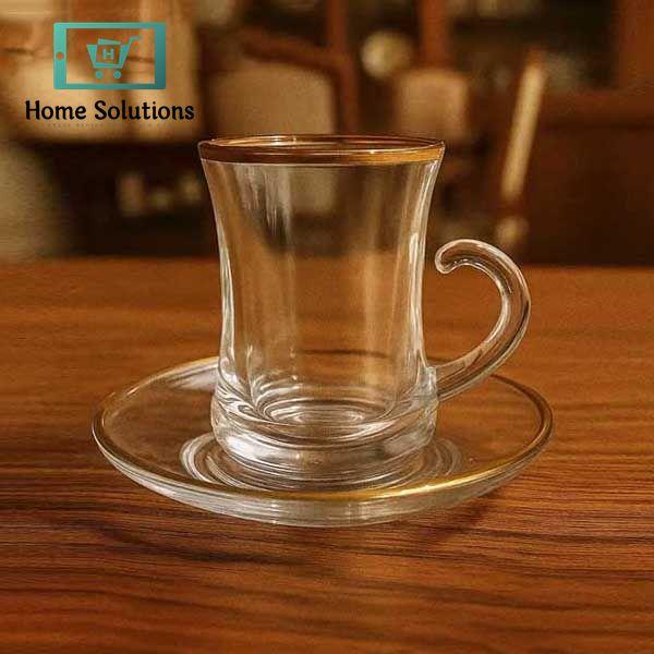 Luxury Turkish Tea Glass Set with Saucers – 6 Pcs 110ml Gold Rim Design