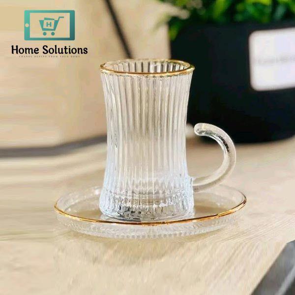 Luxury Turkish Tea Glass Set with Saucers – 6 Pcs 110ml Gold Rim Design