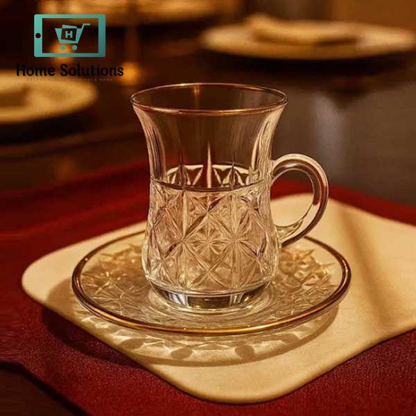 Luxury Turkish Tea Glass Set with Saucers – 6 Pcs 110ml Gold Rim Design