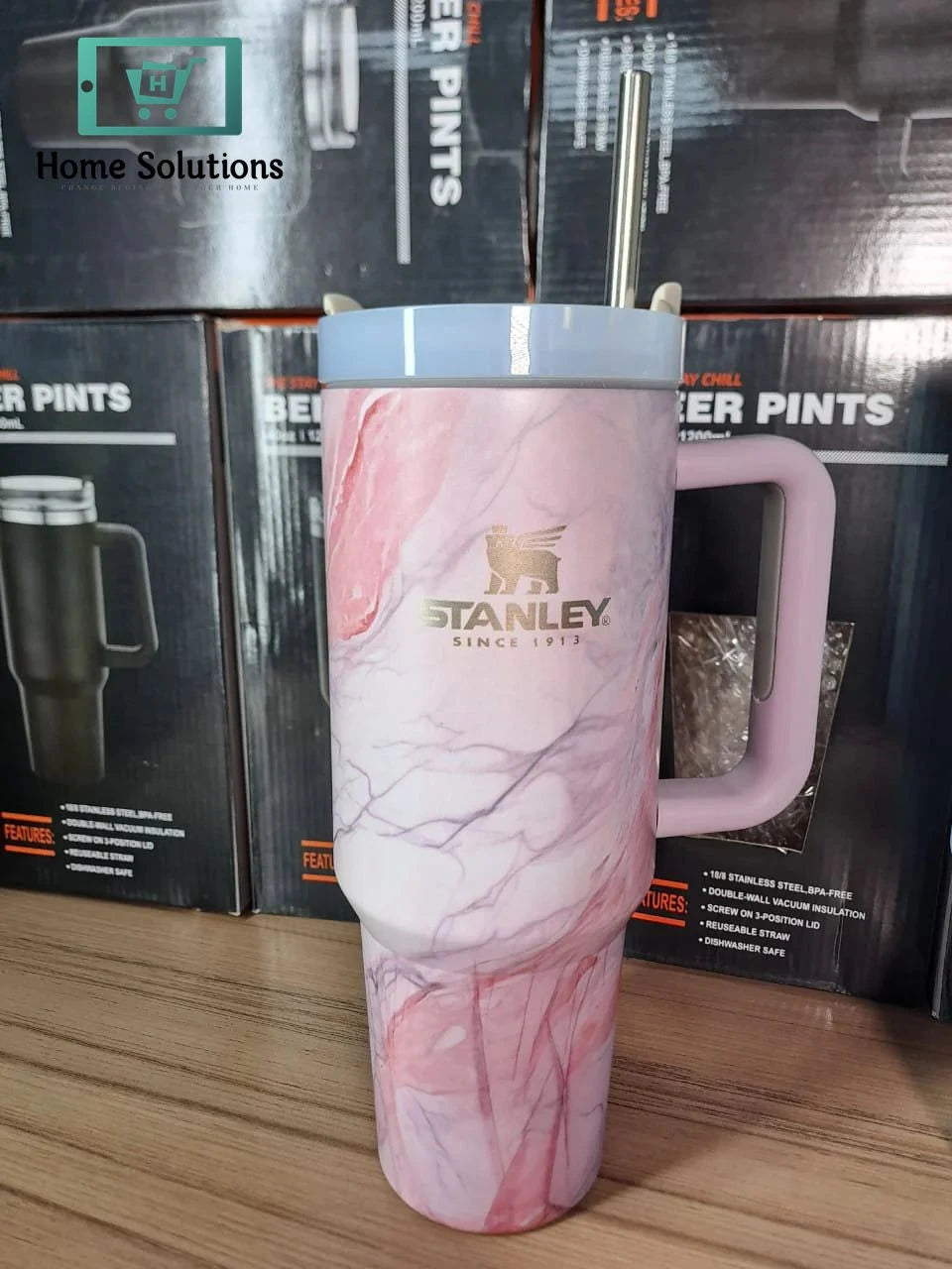 Stanley 40oz Pink Marble Tumbler – Printed Edition with Handle