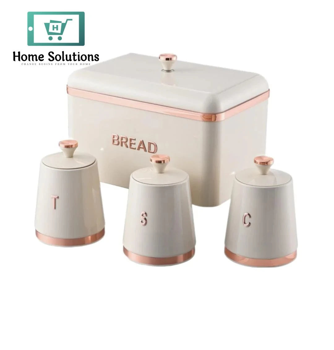 Vintage Bread Box with 3 Canisters Set – Tea Coffee Sugar Storage Jars for Kitchen Counter