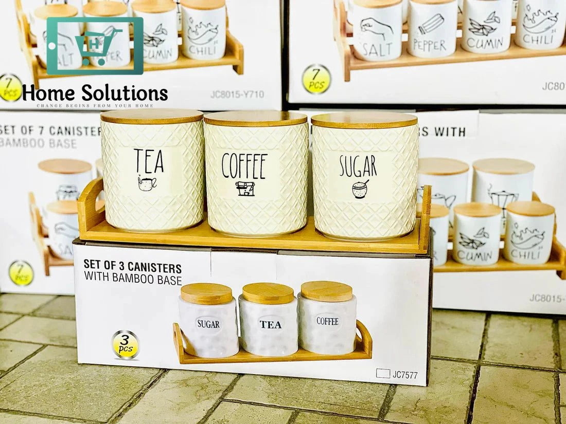 3-Piece Self Texture Airlock Tea Coffee & Sugar Jars With Wood Stand