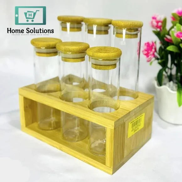 6-Piece Cylinder Glass Jar Condiment Organizer with Airlock Lids & Wooden Stand