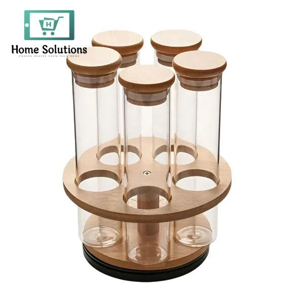 5-Piece Cylinder Glass Condiment Jar Set with Airlock Lids & Wooden Organizer Stand
