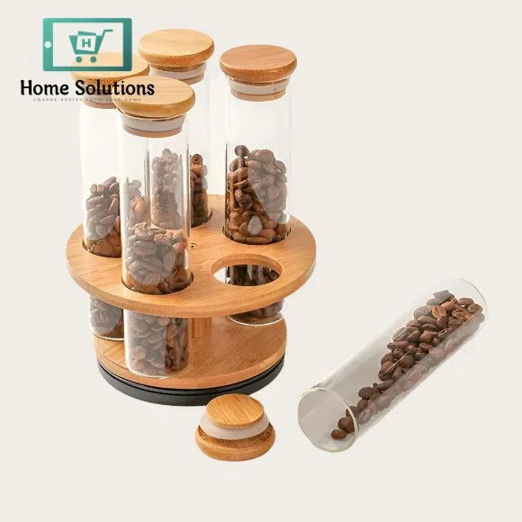 5-Piece Cylinder Glass Condiment Jar Set with Airlock Lids & Wooden Organizer Stand