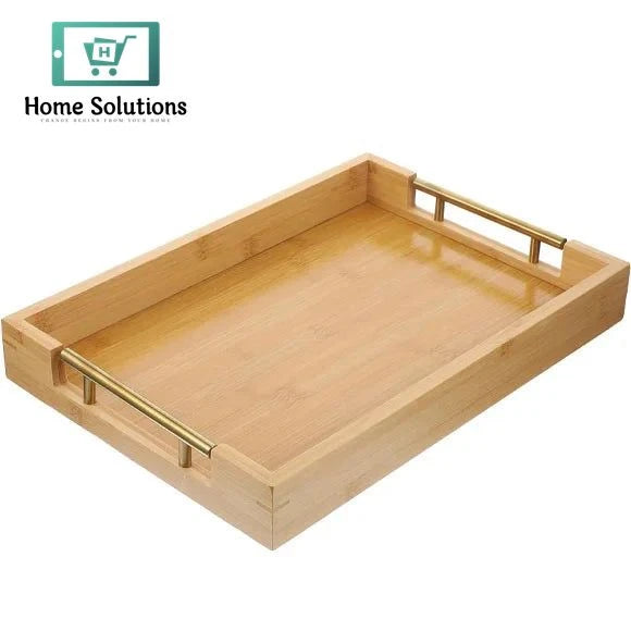 Elegant Bamboo Wood Serving Tray with Luxe Golden Handles