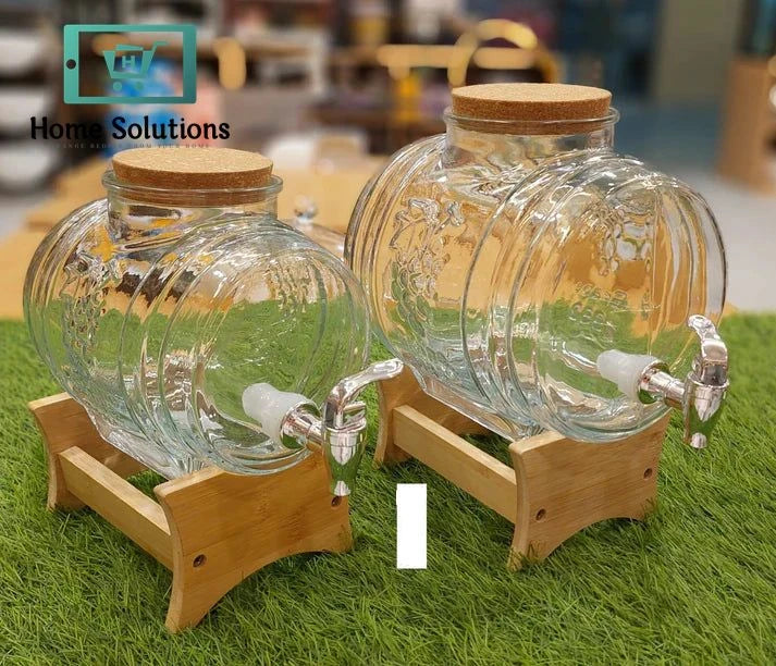 Barrel-Shaped Glass Water Dispenser with Elegant Bamboo Stand – Luxury Serveware